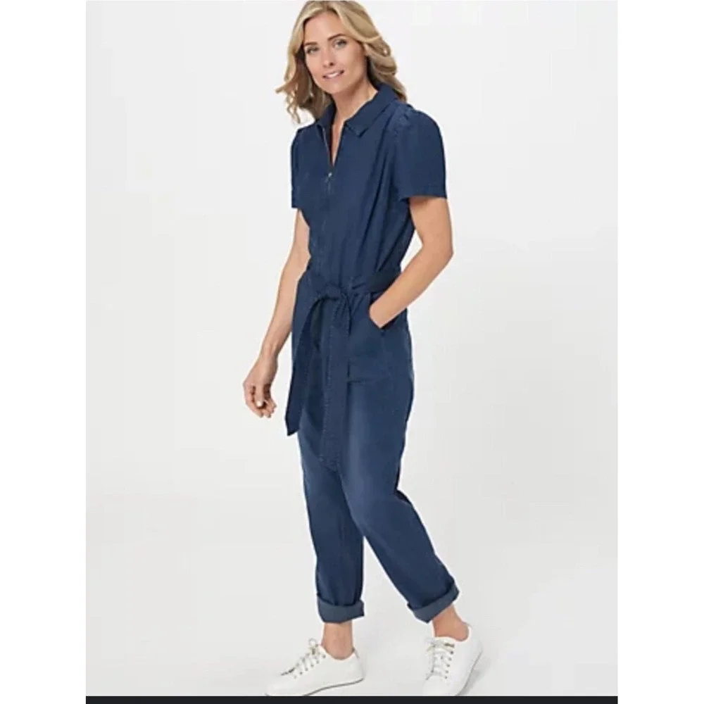 Candace Cameron Bure Denim‎ Chambray Utility Jumpsuit Belted Blue Size S - Picture 2 of 11